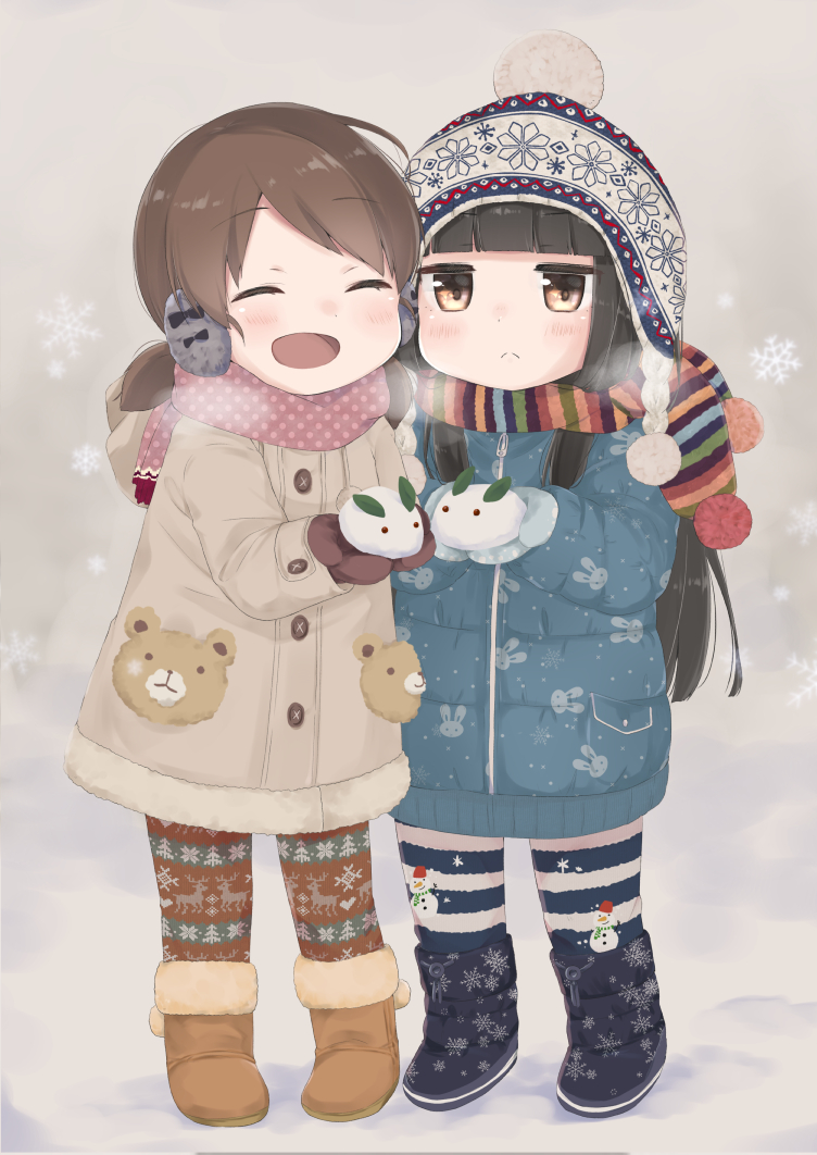 2girls ^_^ ^o^ animal_print aoshima_sakana bangs beanie beige_coat black_footwear black_hair blue_jacket blunt_bangs blush boots brown_eyes brown_footwear brown_hair bunny_print buttons closed_eyes closed_mouth coat eyebrows_visible_through_hair full_body hat hatsuyuki_(kantai_collection) hime_cut jacket kantai_collection long_hair long_sleeves mittens multiple_girls open_mouth pink_scarf polka_dot pom_pom_(clothes) scarf shirayuki_(kantai_collection) short_hair short_twintails smile snow snow_bunny snowflakes snowman_print standing striped striped_legwear twintails