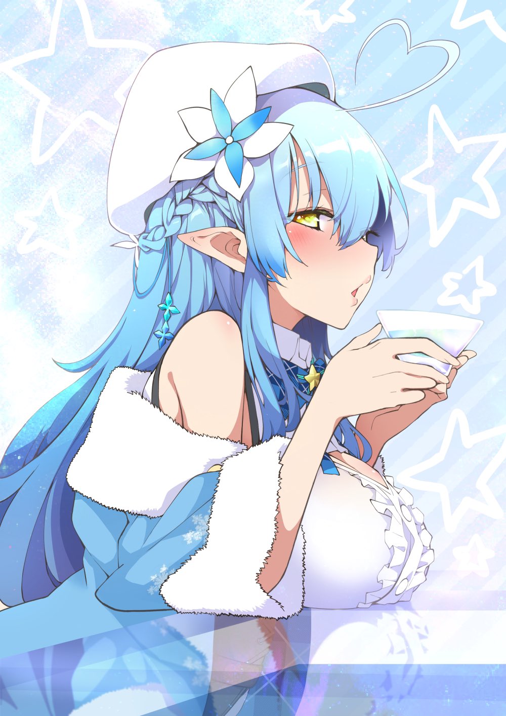1girl ahoge blue_coat blue_flower blue_hair blush braid breast_rest breasts coat cup flower french_braid from_side hair_flower hair_ornament hat hayashi_(l8poushou) heart_ahoge highres holding holding_cup hololive huge_breasts long_hair long_sleeves looking_at_viewer looking_to_the_side off-shoulder_coat parted_lips pointy_ears profile sideways_glance solo white_flower white_headwear yellow_eyes yukihana_lamy