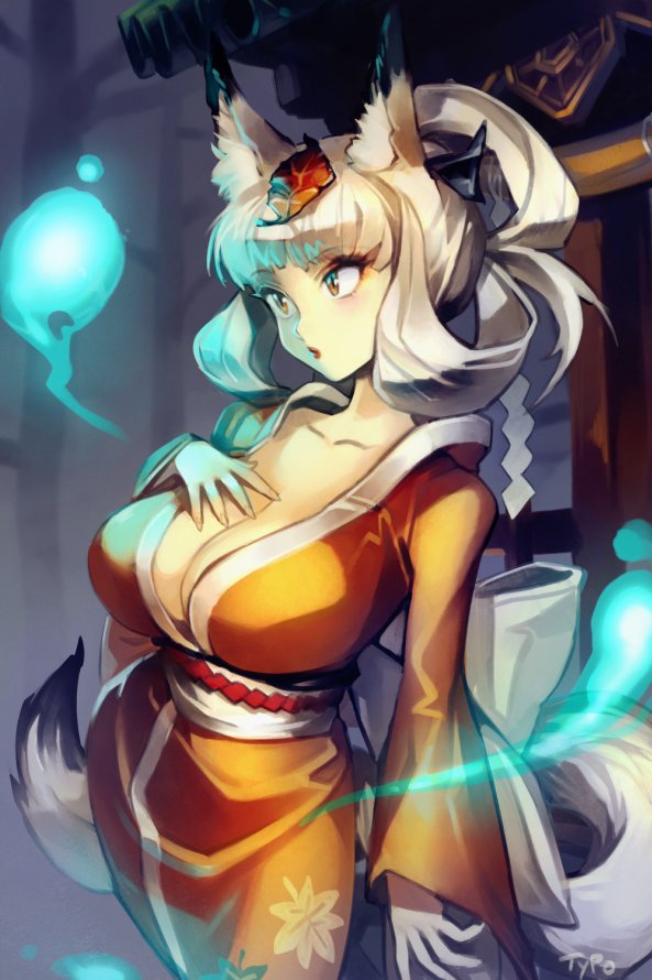 1girl animal_ears breasts cleavage commentary english_commentary fox_ears fox_tail hair_rings hitodama japanese_clothes kimono kitsune kongiku large_breasts leaf leaf_on_head multiple_tails no_bra obi oboro_muramasa optionaltypo orange_eyes pale_skin plunging_neckline sash silver_hair solo tail torii wide_sleeves