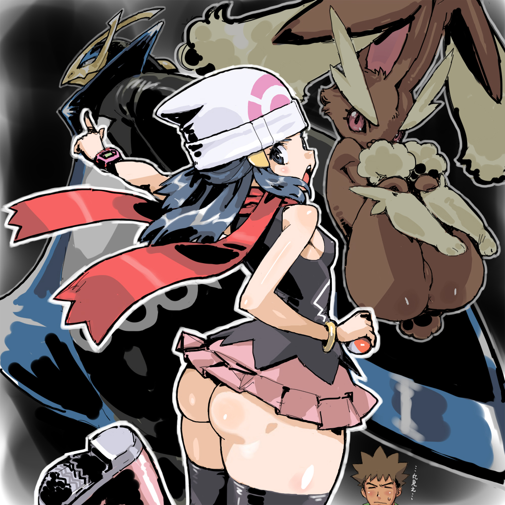 1girl animal_ears anthro ass big_ass black_sclera blue_eyes blue_hair breasts brock_(pokemon) brown_fur bunny_ears bunny_tail dawn_(pokemon) empoleon gen_4_pokemon hat long_hair lopunny miniskirt nintendo pale-skinned_female pale_skin pokemon pokemon_(game) pokemon_dppt puchidori red_eyes skirt small_breasts tail thick_ass thick_thighs thighs