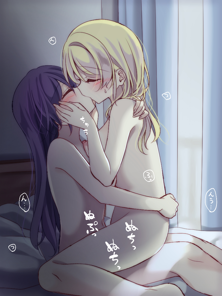 2girls ayase_eli blonde_hair blush breasts character_request closed_eyes hand_on_another's_face kissing_picture large_breasts long_hair love_live! love_live!_school_idol_project medium_hair mogu_(au1127) multiple_girls multiple_views navel on_bed purple_hair sex sitting sitting_on_bed sitting_on_lap sitting_on_person small_breasts straddling sweat yuri