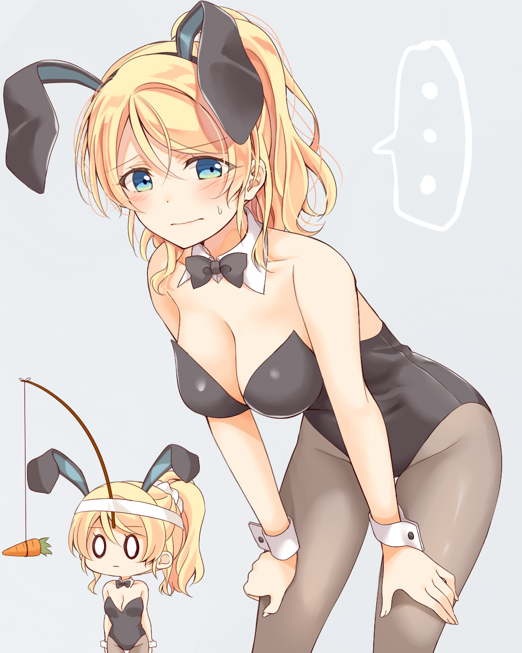 ... 0_0 1girl :| animal_ears ayase_eli black_bow black_legwear black_leotard black_neckwear blonde_hair blue_eyes blush bow bowtie breasts bunny_ears carrot_on_stick chibi chibi_inset cleavage closed_mouth commentary_request detached_collar grey_background groin hair_between_eyes hair_ornament hair_scrunchie hands_on_own_knees headband highres large_breasts leaning_forward leotard looking_at_viewer love_live! love_live!_school_idol_project mogu_(au1127) multiple_views pantyhose playboy_bunny ponytail scrunchie sidelocks simple_background spoken_ellipsis strapless strapless_leotard sweatdrop wavy_mouth white_scrunchie wrist_cuffs