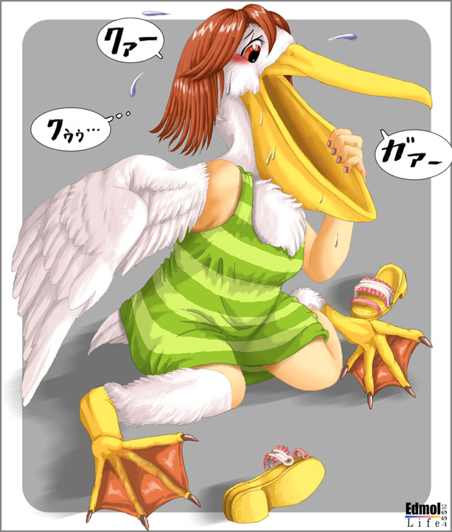 2004 avian beak bird brown_hair clothing edmol feathered_wings feathers female footwear hair membrane_(anatomy) open_mouth pelecaniform pelican red_eyes shoes simple_background solo swimwear transformation webbed_feet wings