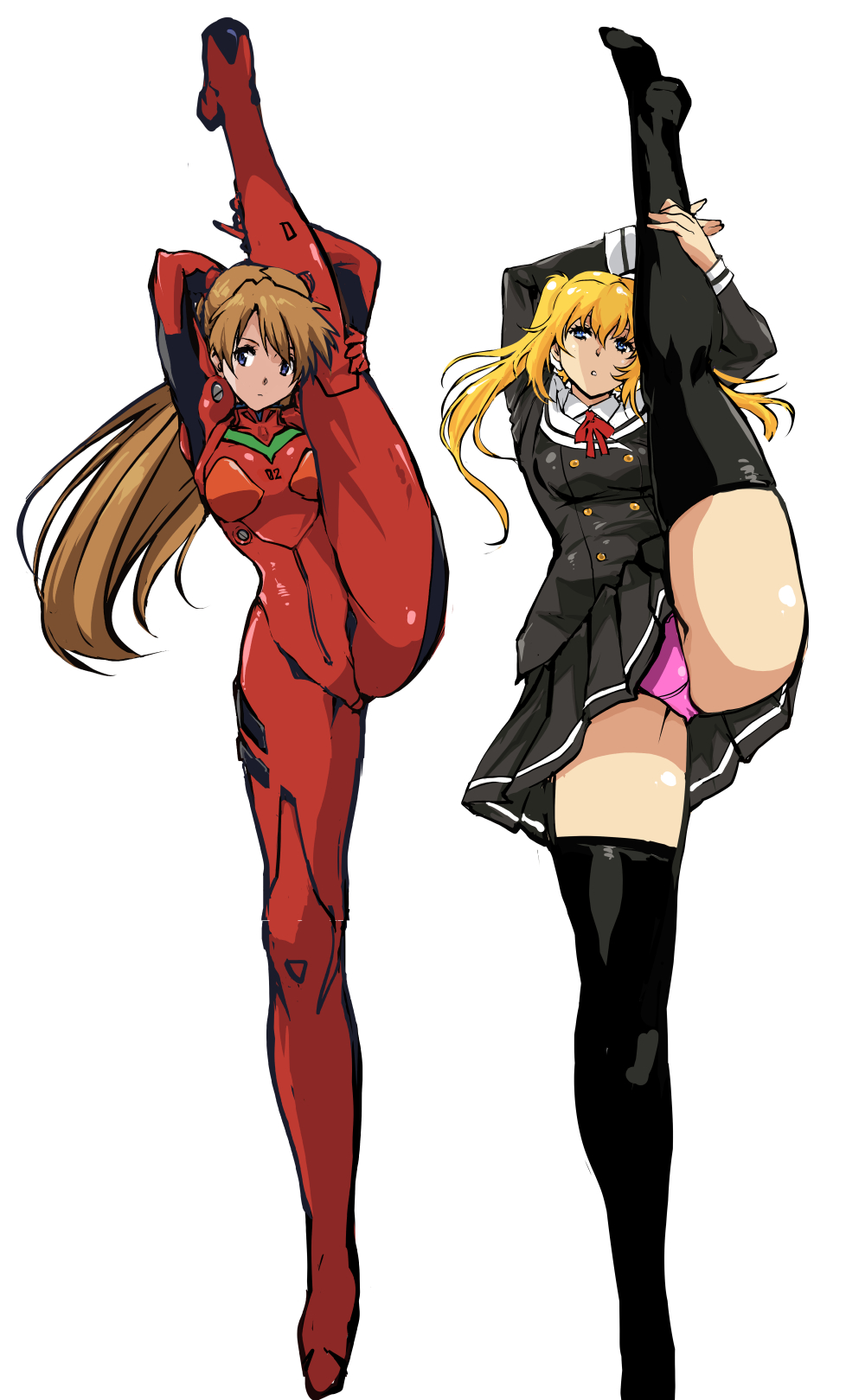 2girls ass bangs black_legwear blonde_hair blue_eyes bodysuit breasts commentary_request crossover crotch_seam eyepatch flexible full_body grey_skirt hair_ornament highres kamisimo_90 kneepits legs long_hair long_sleeves looking_at_viewer multiple_girls nasuhara_anastasia neon_genesis_evangelion onii-chan_dakedo_ai_sae_areba_kankeinai_yo_ne panties parted_lips pilot_suit pink_panties pleated_skirt plugsuit red_neckwear school_uniform shirt shoes skirt smile souryuu_asuka_langley split standing standing_on_one_leg standing_split thighhighs thighs twintails underwear uniform white_shirt