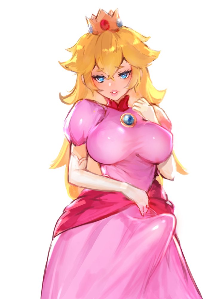 1girl bangs blonde_hair blue_eyes breasts covered_nipples crossed_bangs crown dress elbow_gloves erection erection_under_clothes futanari gloves hair_between_eyes impossible_clothes large_breasts lips long_hair looking_at_viewer mario_(series) nbo parted_lips pink_dress princess_peach puffy_short_sleeves puffy_sleeves short_sleeves simple_background solo standing white_background white_gloves