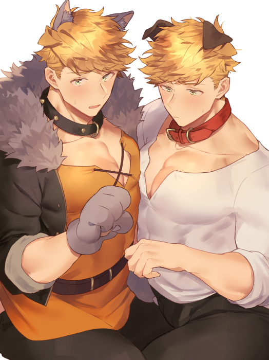 2boys animal_ears bangs bara blonde_hair blush brown_pants chest clone collar dog_collar dog_ears granblue_fantasy green_eyes halloween halloween_costume higashigunkan male_focus multiple_boys muscle pants pectoral_docking pectoral_press shirt short_hair thick_thighs thighs v-neck vane_(granblue_fantasy) white_shirt