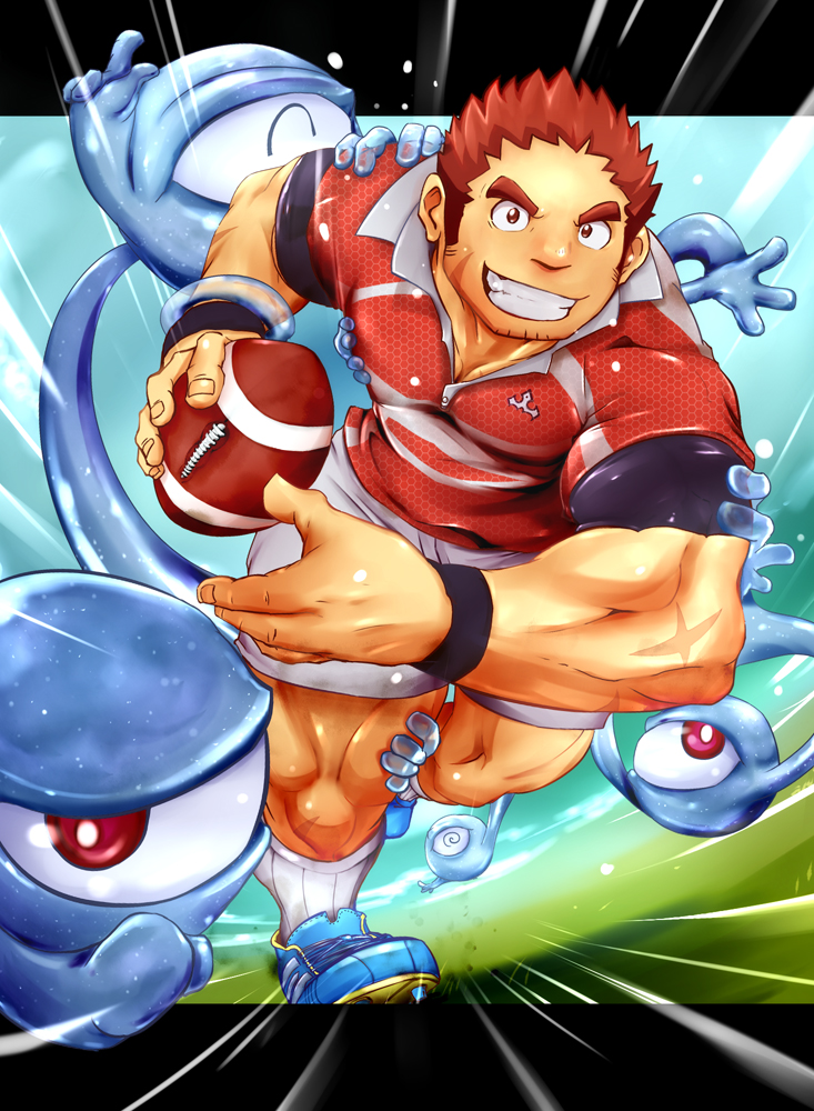 1boy bara brown_hair chest collared_shirt doro_rich facial_hair facial_scar full_body gunzo_(tokyo_houkago_summoners) looking_at_viewer male_focus muscle red_shirt rugby_uniform scar scar_on_cheek shirt short_sleeves sideburns smile solo spirit sportswear stubble thick_eyebrows tokyo_houkago_summoners