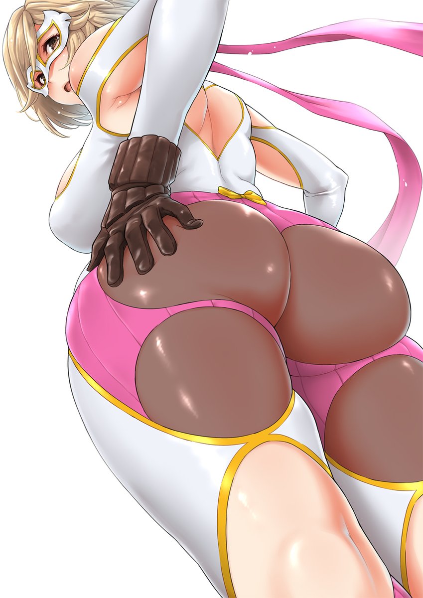 1girl ass back bangs blonde_hair blush breasts brown_eyes brown_gloves djeeta_(granblue_fantasy) gloves granblue_fantasy highres kemigawa_mondo large_breasts long_hair looking_at_viewer looking_back open_mouth short_hair simple_background thick_thighs thighs white_background wide_hips wrestler_(granblue_fantasy) wrestling_mask wrestling_outfit