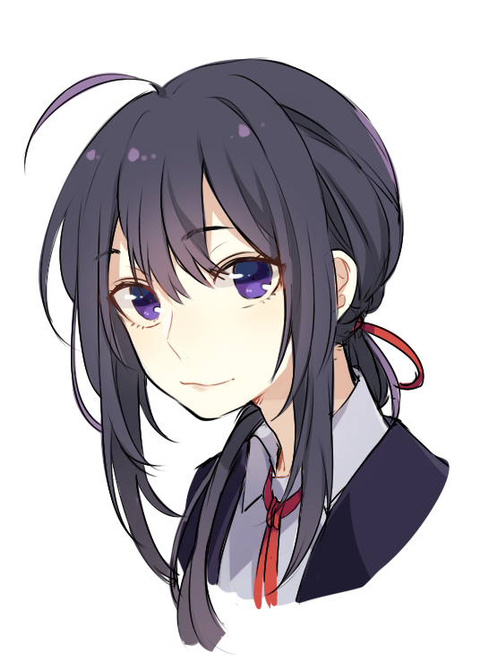 1boy ahoge black_hair closed_mouth eyebrows_visible_through_hair face hair_between_eyes kkaags long_hair male_focus namazuo_toushirou purple_eyes red_neckwear simple_background sketch smile solo touken_ranbu upper_body white_background