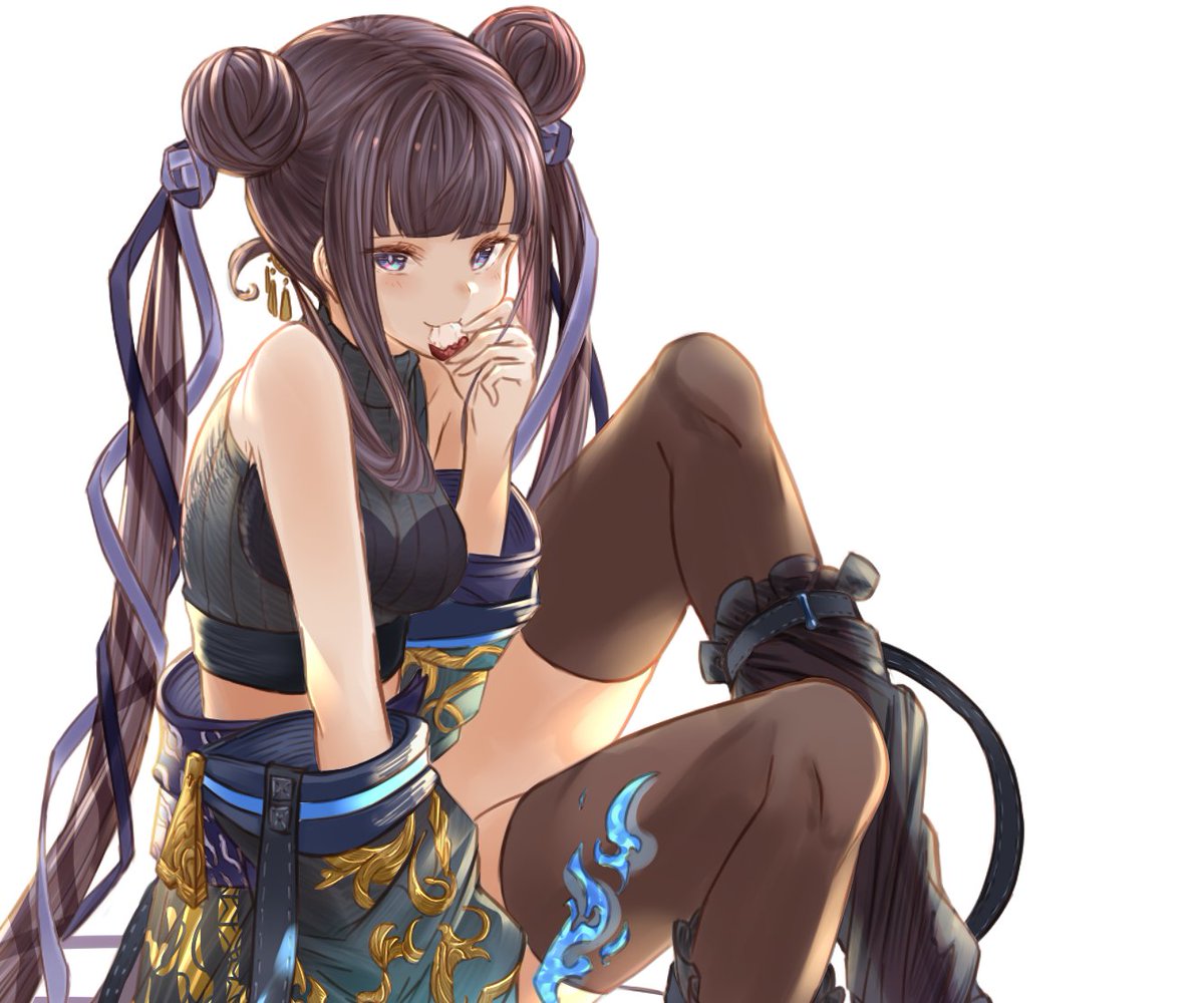 1girl alternate_costume bangs bare_shoulders black_dress black_legwear black_shirt blue_eyes blunt_bangs blush breasts crop_top detached_sleeves double_bun dress fate/grand_order fate_(series) knees_up large_breasts long_hair looking_at_viewer lychee midriff purple_hair shirt sidelocks simple_background sleeveless sleeveless_shirt smile thighhighs twintails very_long_hair white_background yang_guifei_(fate/grand_order) yatsuka_(846)