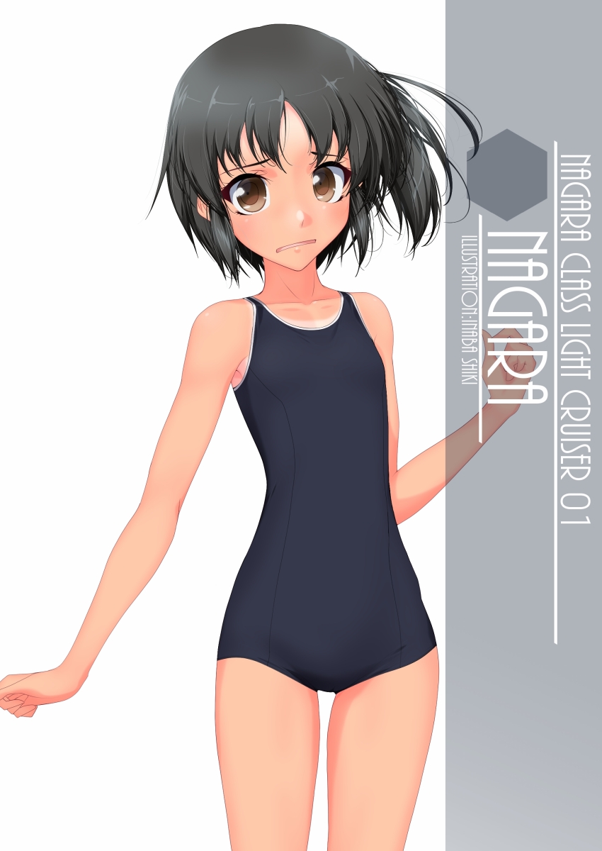 1girl alternate_breast_size artist_name bangs bare_arms bare_shoulders black_hair black_swimsuit brown_eyes character_name closed_mouth collarbone commentary_request cowboy_shot english_text eyebrows_visible_through_hair flat_chest hexagon highres inaba_shiki kantai_collection looking_at_viewer nagara_(kantai_collection) navel one-piece_tan one_side_up school_swimsuit short_hair simple_background smile solo standing stomach swimsuit tan tanline white_background