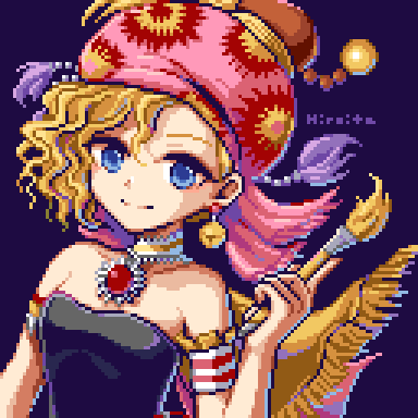 1girl armband bandana black_shirt blonde_hair blue_eyes cape final_fantasy final_fantasy_vi gem hand_up headscarf hiroita holding holding_paintbrush jingle_bell_earrings looking_at_viewer lowres paintbrush pink_bandana pixel_art red_gemstone relm_arrowny shirt smile solo strapless strapless_shirt tassel tassel-trimmed_cape yellow_cape