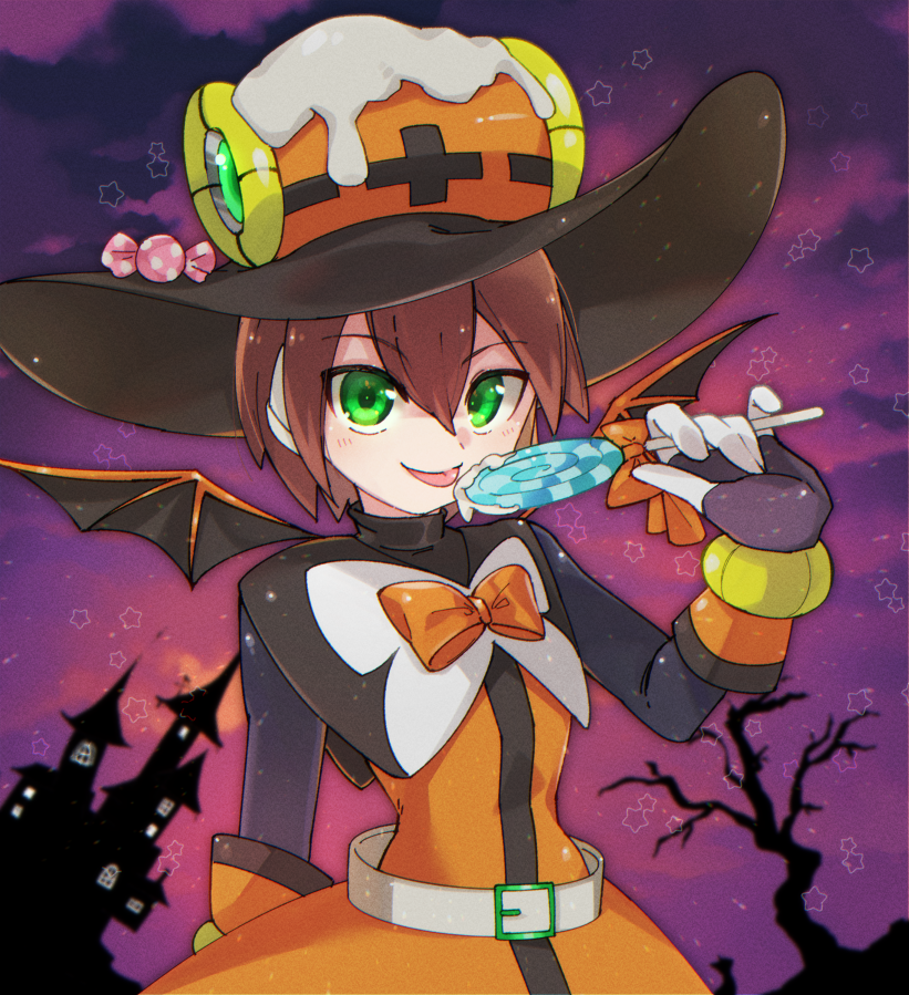 1girl aile belt blush bow brown_hair candy demon_wings dress food gloves green_eyes hair_between_eyes halloween holding holding_candy holding_food holding_lollipop lollipop magical_girl orange_dress orange_gloves robot_ears rockman rockman_x_dive sakuraba_(kirsche_x) short_hair smile solo tongue tongue_out wings witch