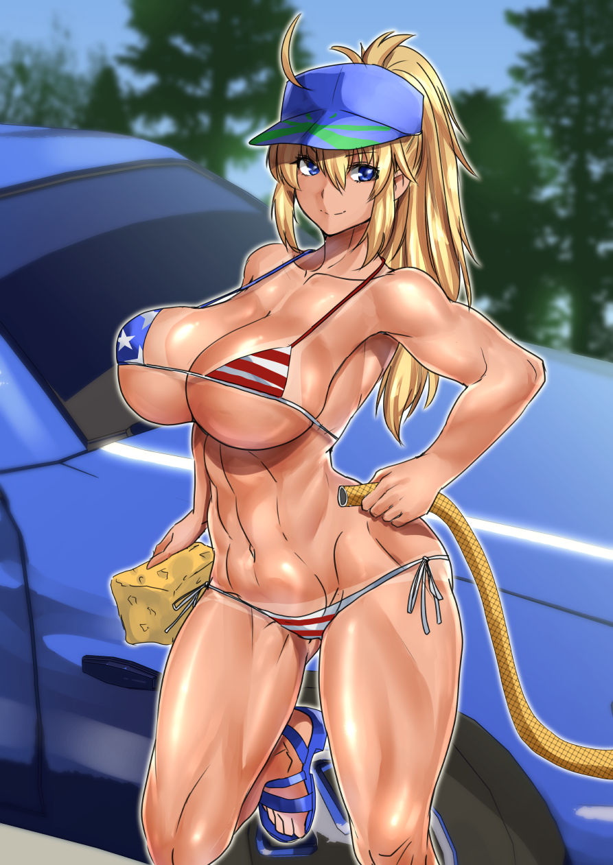 1girl ahoge american_flag_bikini artoria_pendragon_(all) baseball_cap bikini blonde_hair blue_eyes blue_footwear blue_sky breasts car car_wash dark_skin dark_skinned_female fate/grand_order fate_(series) flag_print forest ground_vehicle hat highres hose large_breasts looking_at_viewer motor_vehicle mysterious_heroine_xx_(foreigner) nature navel sandals sky smile soap_bubbles sponge summer swimsuit tan tanline tomliat toned tree