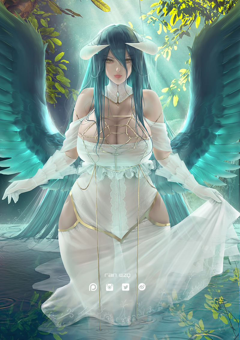1girl albedo bangs bare_shoulders black_feathers black_hair black_wings breasts cleavage closed_mouth curvy demon_girl demon_horns demon_wings detached_collar dress feathered_wings gloves hair_between_eyes hip_vent horns large_breasts leaf looking_at_viewer low_wings overlord_(maruyama) partially_submerged pink_lips rain_wzq see-through slit_pupils standing thick_thighs thighs water white_dress white_gloves wings yellow_eyes