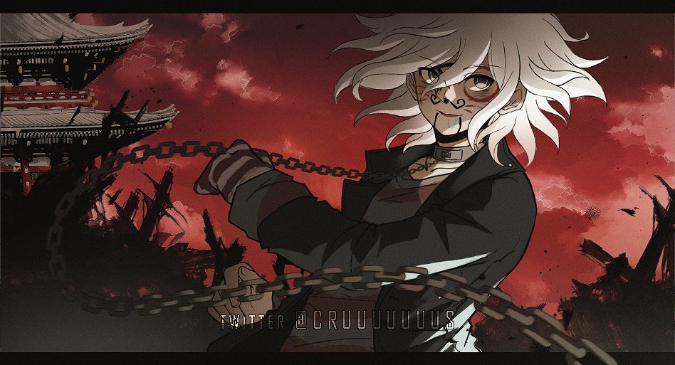 1boy architecture bangs black_gloves black_jacket building chain cloud collar criis-chan danganronpa danganronpa_3 east_asian_architecture fake_beard fake_facial_hair fake_whiskers gloves grey_eyes grey_shirt hair_between_eyes jacket komaeda_nagito letterboxed long_sleeves looking_at_viewer metal_collar outdoors shirt single_glove solo striped striped_gloves symbol_commentary twitter_username upper_body white_gloves white_hair