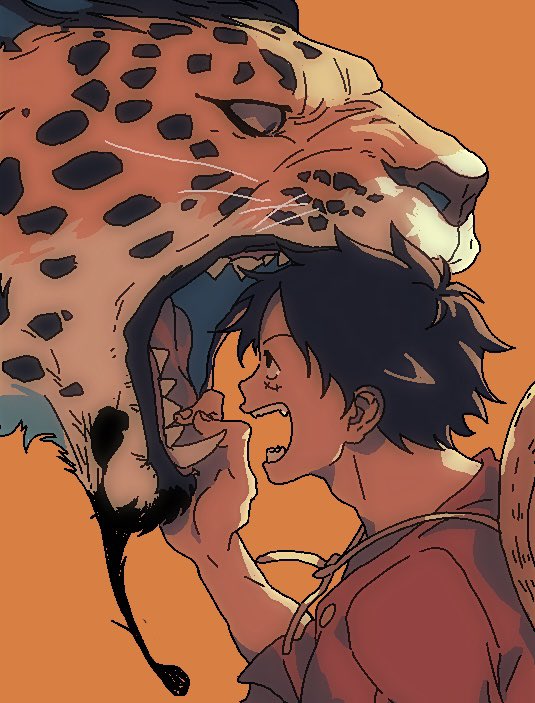 2boys animalization beard black_hair cat commentary_request eye_contact facial_hair goatee hand_in_another's_mouth hat korean_commentary leopard leopard_boy looking_at_another male_focus monkey_d._luffy multiple_boys one_piece open_mouth orange_background profile red_shirt rideaboat rob_lucci scar scar_on_face sharp_teeth shirt short_sleeves simple_background spotted_fur straw_hat teeth tongue unworn_hat unworn_headwear upper_body whiskers