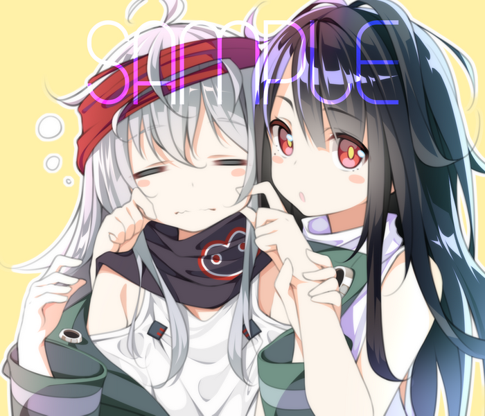 2girls ahoge black_hair blush c-ms_(girls_frontline) cheek_pinching closed_eyes english_text g11_(girls_frontline) girls_frontline grey_hair headband lethe-shion long_hair looking_at_viewer multiple_girls pinching red_eyes sleepy sleeveless