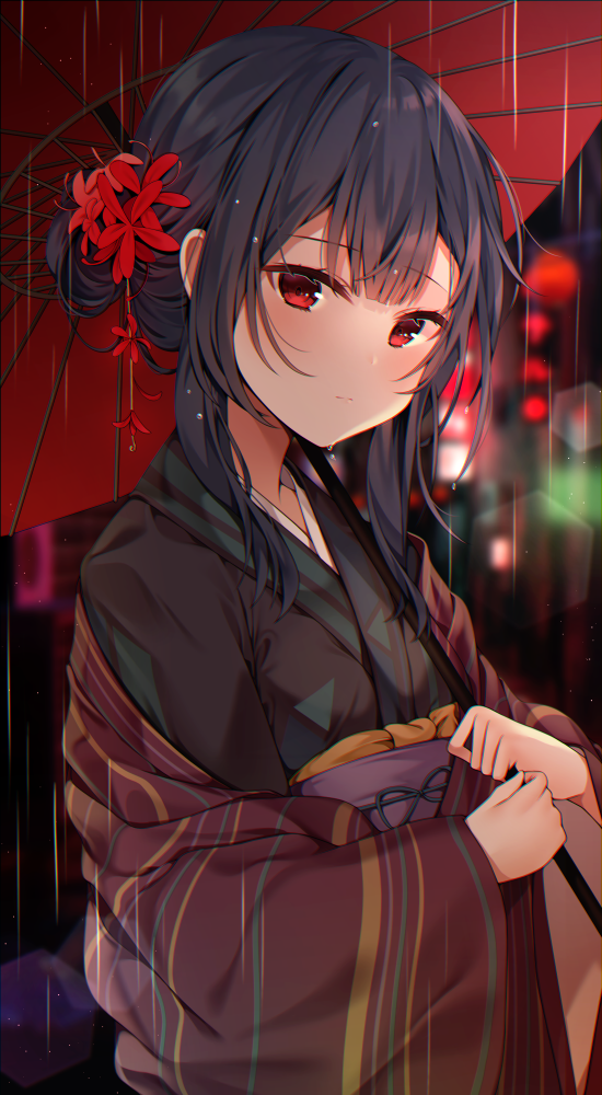 1girl bangs black_hair black_kimono blurry blurry_background blush breasts commentary_request depth_of_field flower hair_bun hair_flower hair_ornament holding holding_umbrella idolmaster idolmaster_shiny_colors japanese_clothes kimono long_sleeves looking_at_viewer morino_rinze obi oriental_umbrella rain red_eyes red_flower red_umbrella reel_(riru) sash short_hair sidelocks small_breasts solo standing umbrella upper_body wide_sleeves