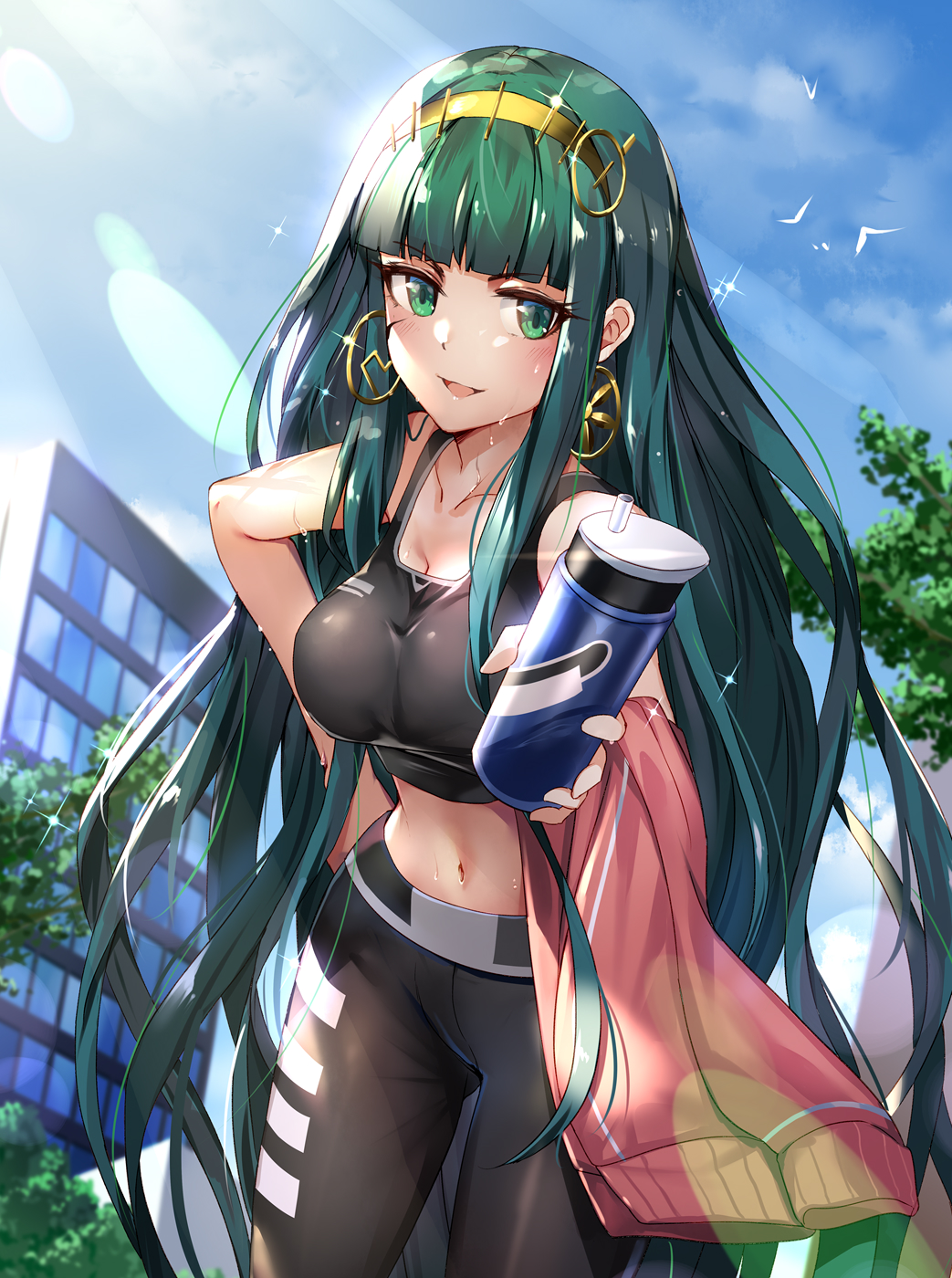 1girl bangs bare_shoulders black_pants black_sports_bra blue_sky blush bottle breasts cleavage cleopatra_(fate/grand_order) collarbone contemporary earrings fate_(series) green_eyes green_hair highres hoop_earrings jewelry large_breasts laurel_crown long_hair looking_at_viewer midriff navel open_mouth pants renka_(renkas) sky smile sports_bra sweat thighs very_long_hair water_bottle yoga_pants