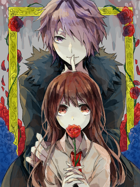 1boy 1girl blue_flower blue_rose brown_hair closed_mouth coat collared_shirt finger_to_mouth flower frame fur-trimmed_coat fur_trim garry_(ib) hair_over_one_eye hand_on_another's_shoulder holding holding_flower ib ib_(ib) long_hair painting_(object) plant purple_eyes purple_hair red_eyes red_flower red_neckwear red_rose rose shirt short_hair smile thorns vines wonoco0916