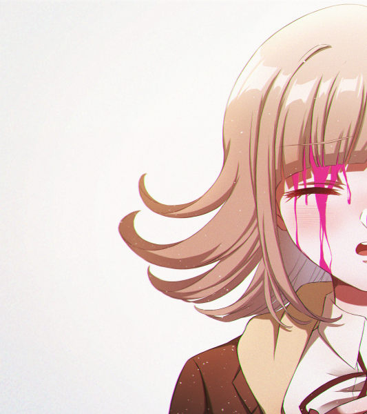 1girl bangs blood blood_on_face blush brown_jacket closed_eyes collared_shirt criis-chan danganronpa danganronpa_3 eyebrows_visible_through_hair jacket light_brown_hair nanami_chiaki open_mouth pink_blood red_ribbon ribbon shirt simple_background solo spoilers symbol_commentary white_background white_shirt