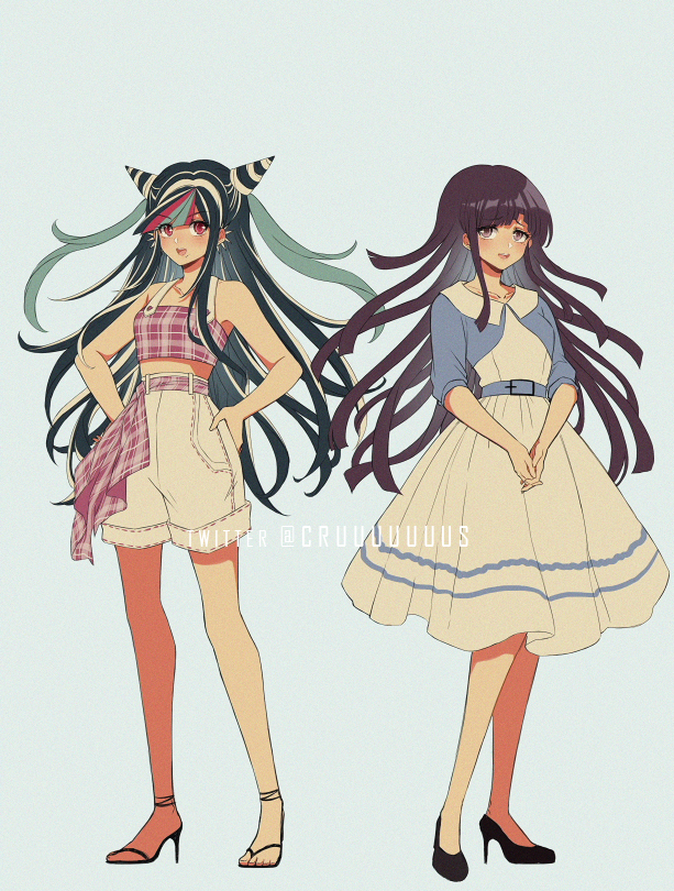 2girls alternate_costume bangs bare_arms bare_shoulders belt black_footwear black_hair blue_belt blue_hair blue_jacket blush collarbone contemporary criis-chan danganronpa dress hands_on_hips high-waist_shorts high_heels jacket long_hair looking_at_viewer messy_hair midriff mioda_ibuki multiple_girls open_mouth own_hands_together pantyhose plaid plaid_belt plaid_shirt purple_hair red_hair ribbon-trimmed_shorts ribbon_trim shirt shoes shorts simple_background smile standing striped super_danganronpa_2 symbol_commentary tsumiki_mikan twitter_username upper_teeth v_arms watermark white_dress white_hair white_shorts