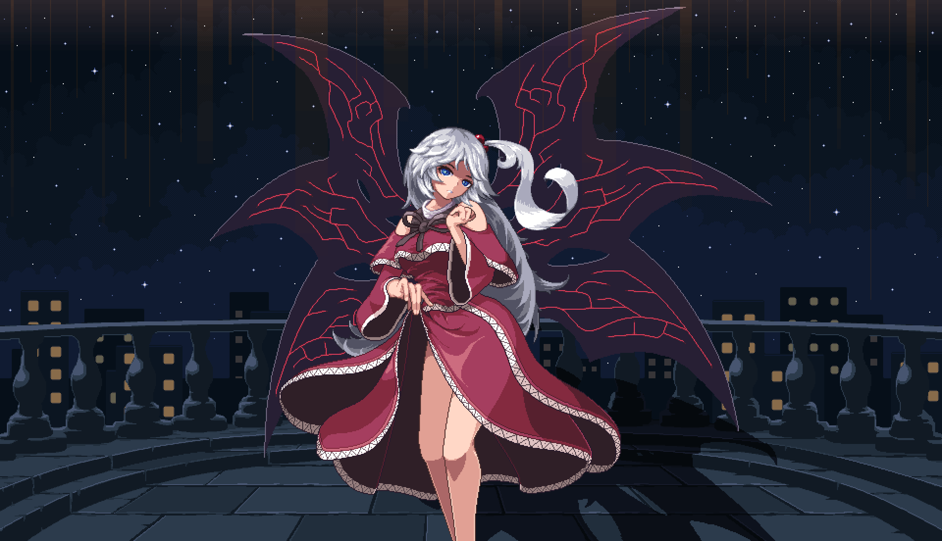 1girl balcony bare_legs bare_shoulders blue_eyes breasts building capelet covered_navel dress dress_lift feet_out_of_frame hair_bobbles hair_ornament head_tilt highres long_hair looking_at_viewer medium_breasts multiple_wings night night_sky nukekip one_side_up open_mouth outdoors parted_lips pixel_art railing red_dress ribbon shinki side_ponytail silver_hair sky solo star_(sky) starry_sky touhou touhou_(pc-98) wide_sleeves wings