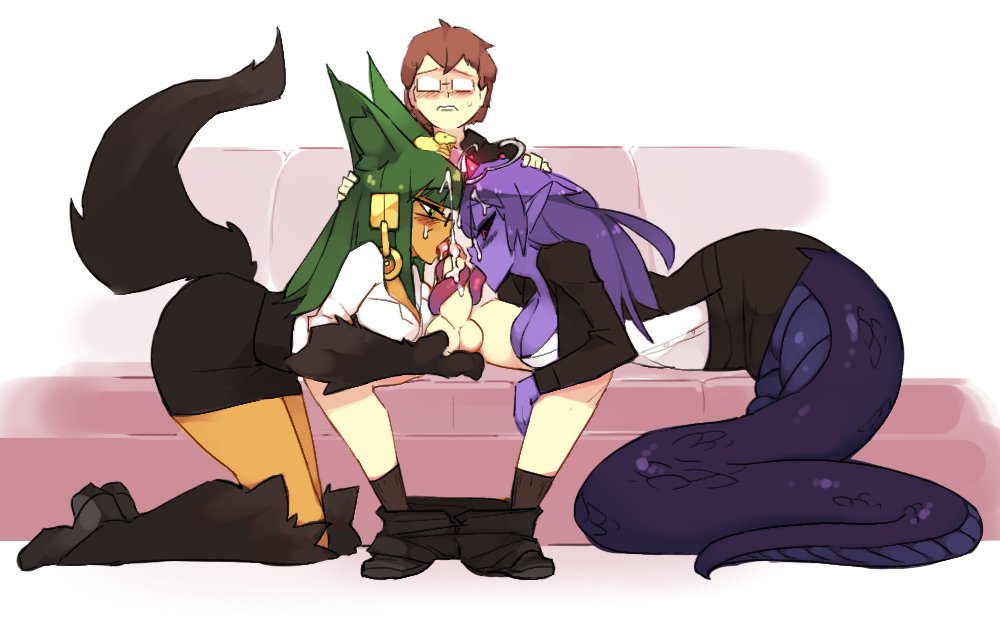 1boy 2girls animal_ears anubis_(monster_girl_encyclopedia) apophis_(monster_girl_encyclopedia) black_footwear black_jacket black_sclera black_skirt blush breasts cleavage closed_mouth cum dark_green_hair dark_skin dark_skinned_female ejaculation facial fellatio ffm_threesome full_body glasses green_eyes green_hair group_sex hair_ornament hand_on_another's_head jackal_ears jackal_tail jacket lamia large_breasts licking licking_penis long_hair long_tongue monster_girl monster_girl_encyclopedia multiple_fellatio multiple_girls opaque_glasses open_mouth oral penis purple_hair purple_skin red_eyes rtil saliva second-party_source shirt skirt snake_hair_ornament tail teamwork threesome tongue tongue_out tonguejob white_shirt