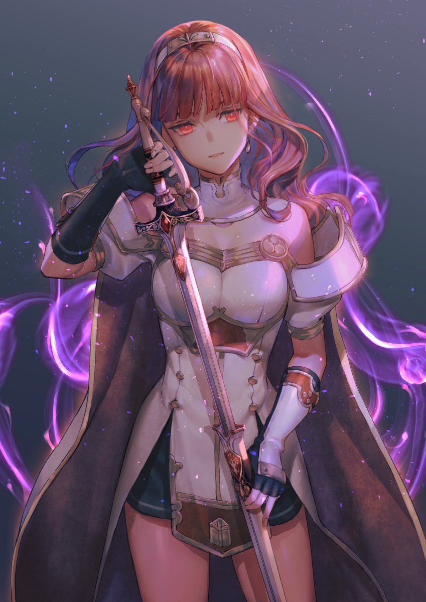 1girl aura bangs bare_shoulders black_gloves black_skirt blunt_bangs breasts buttons cape celica_(fire_emblem) cowboy_shot dark_persona detached_collar diadem dress earrings elbow_gloves fingerless_gloves fire_emblem fire_emblem_heroes furikawa_arika gloves gold_trim gradient gradient_background highres holding holding_sword holding_weapon jewelry long_hair medium_breasts miniskirt off-shoulder_dress off_shoulder puffy_short_sleeves puffy_sleeves red_cape red_eyes red_hair shadow sheath short_sleeves skirt solo sword thighs two-tone_cape unsheathing weapon white_cape white_dress wrist_guards