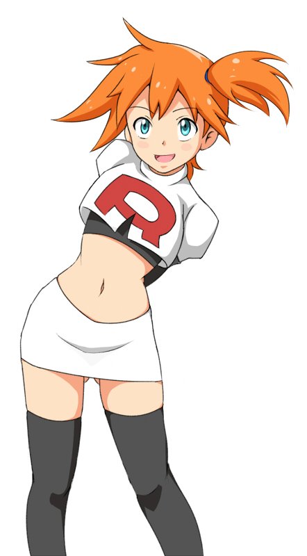 1girl ass_visible_through_thighs looking_at_viewer midriff misty_(pokemon) monousa navel open_mouth orange_hair pokemon pokemon_(anime) short_hair side_ponytail simple_background skirt smile solo team_rocket team_rocket_uniform thighhighs white_background