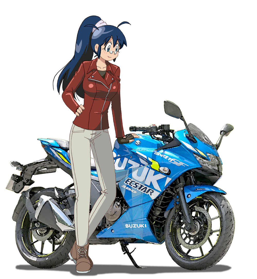 1girl anifamu bangs black_gloves black_shirt blue_eyes blue_hair blush breasts brown_footwear closed_mouth collarbone commentary_request company_name eyebrows_visible_through_hair fingerless_gloves full_body glasses gloves grey_background grey_pants ground_vehicle hand_on_hip hinata_aki jacket keroro_gunsou leather leather_jacket long_hair long_sleeves looking_down looking_to_the_side medium_breasts motor_vehicle motorcycle pants ponytail red_jacket round_eyewear shadow shirt shoes simple_background single_glove smile solo standing suzuki_(company) suzuki_gixxer_sf_250 undershirt vehicle_focus white_background