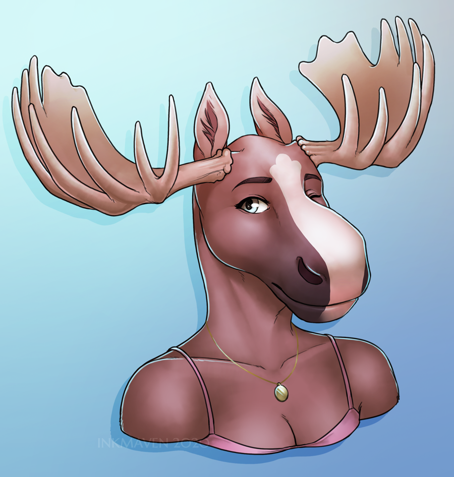 2020 anthro antlers breasts capreoline cervid digital_media_(artwork) eyebrows eyelashes female horn inkmaven mammal moose smile solo