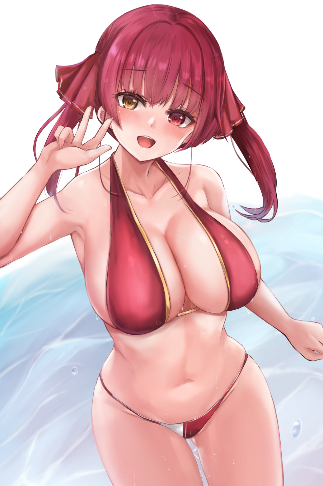 1girl ass_visible_through_thighs bangs bare_shoulders bikini breasts cleavage collarbone cowboy_shot eyebrows_visible_through_hair eyelashes hair_ribbon hand_up heterochromia highres hololive houshou_marine large_breasts looking_at_viewer navel neneru open_mouth red_bikini red_eyes red_hair red_ribbon ribbon round_teeth shiny shiny_hair skindentation smile solo swimsuit teeth thighs upper_teeth virtual_youtuber w water wet wet_hair yellow_eyes