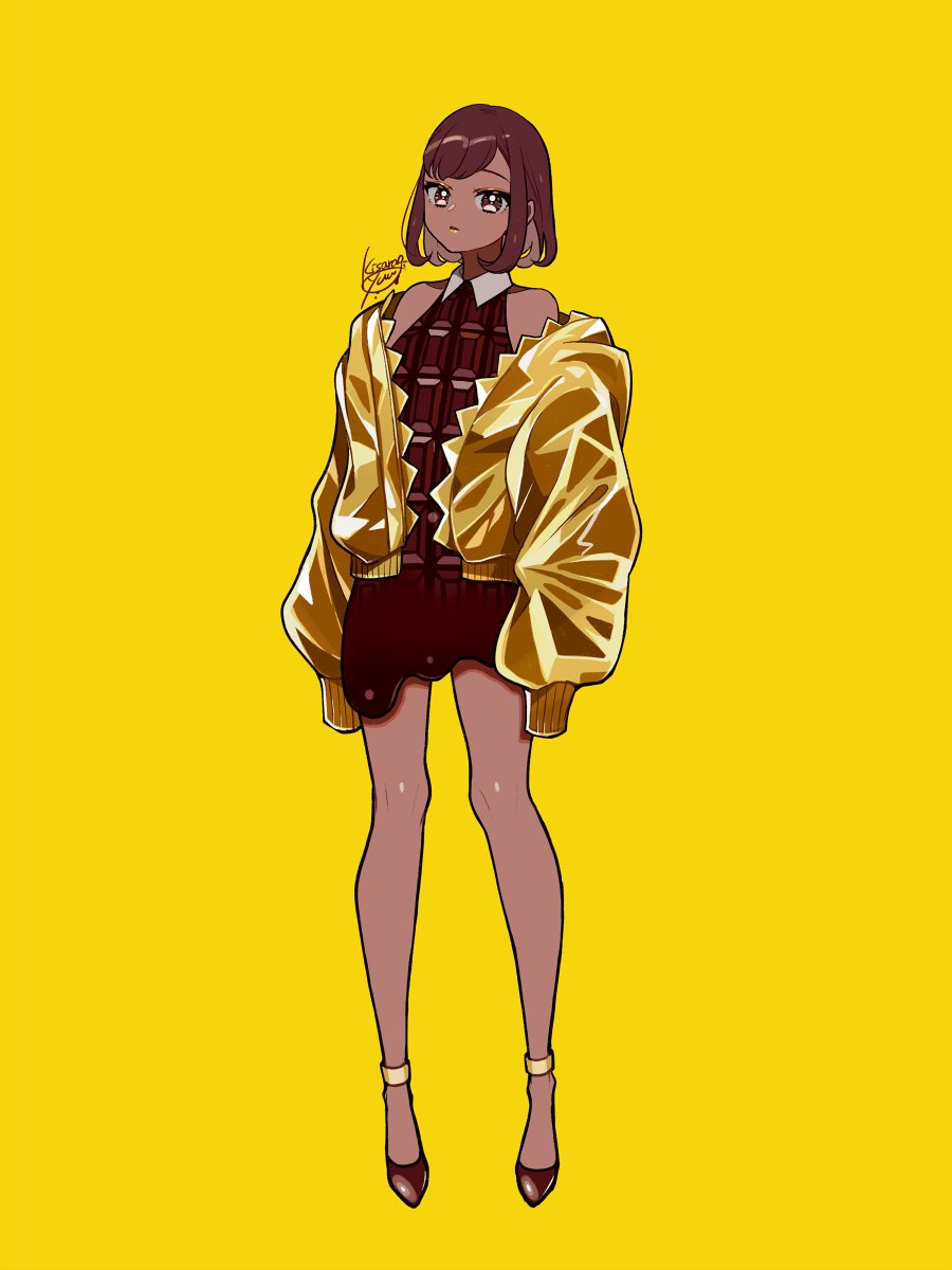 1girl bangs bare_shoulders brown_dress brown_eyes brown_hair candy candy_wrapper chocolate chocolate_bar collared_dress dark_skin dress food food_as_clothes highres kisaragi_yuu_(fallen_sky) looking_at_viewer original shoes short_hair signature simple_background solo yellow_background