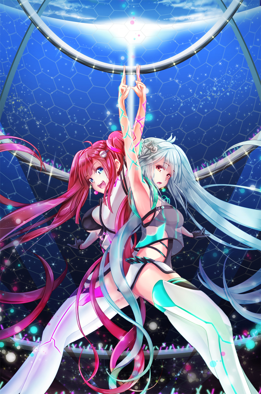 2girls ahoge arm_up armpits asymmetrical_gloves black_gloves blue_hair breasts gloves glowstick hair_ornament hexagon highres hinabita hopper long_hair looking_at_viewer medium_breasts microphone midriff multiple_girls open_mouth outstretched_arm red_eyes red_hair shinonome_kokona shinonome_natsuhi siblings sisters sky sound_voltex stage tagme twins twintails very_long_hair