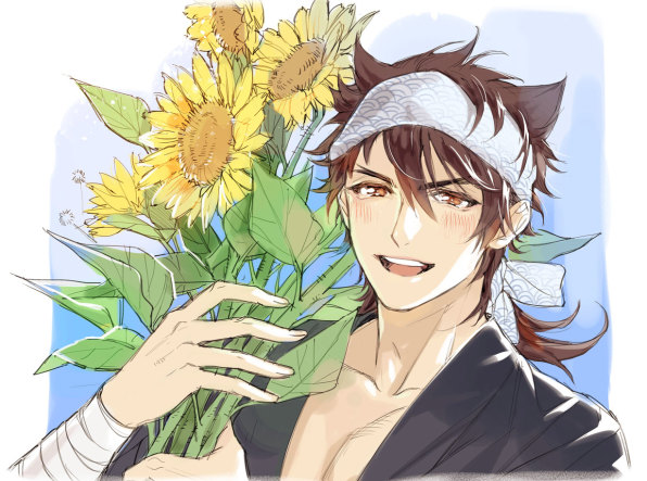 1boy bandana blush brown_hair flower japanese_clothes leaf male_focus mutsu-no-kami_yoshiyuki open_mouth seigaiha smile sunflower touken_ranbu upper_body yellow_eyes yway1101