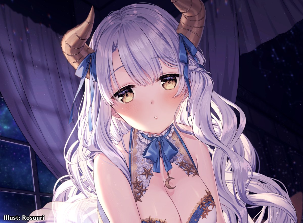 1girl :o artist_name bangs bare_shoulders blush bow bowtie breasts cleavage comitia comitia_134 commentary_request curtains eyebrows_visible_through_hair hair_ornament hair_ribbon horns long_hair looking_at_viewer moon_necklace open_mouth ribbon rosuuri sheep_girl sheep_horns silver_hair sky star_(sky) star_(symbol) starry_sky