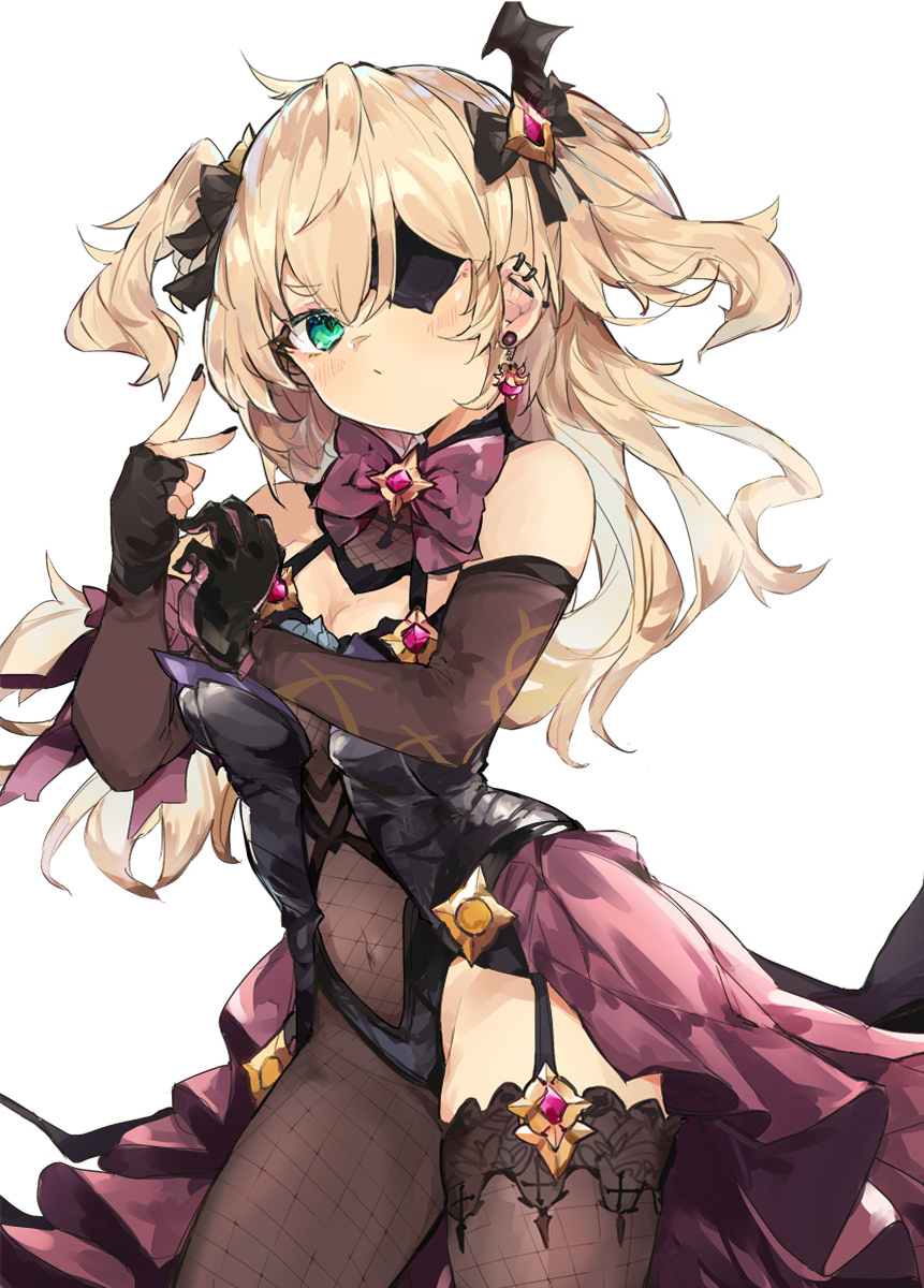 1girl bangs banned_artist bare_shoulders black_gloves blonde_hair blush bow breasts cleavage commentary_request contrapposto covered_navel dress ear_piercing earrings eyepatch fischl_(genshin_impact) garter_straps gem genshin_impact gloves green_eyes hair_ornament hair_over_one_eye hair_ribbon hands_up highres jewelry long_hair looking_at_viewer medium_breasts piercing purple_bow ribbon simple_background single_thighhigh small_breasts solo thighhighs two_side_up white_background zairen