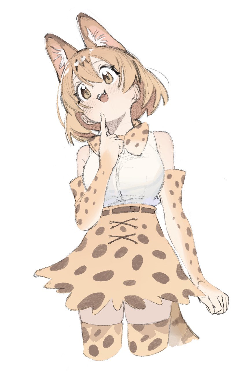 1girl animal_ears belt blonde_hair blush bow bowtie breasts brown_eyes cropped_legs elbow_gloves gloves hair_between_eyes highres index_finger_raised kemono_friends kona_ming large_breasts open_mouth print_bow print_gloves print_legwear print_neckwear serval_(kemono_friends) serval_ears serval_print serval_tail shirt shirt_tucked_in short_hair simple_background smile solo tail thighhighs white_background white_shirt yellow_eyes