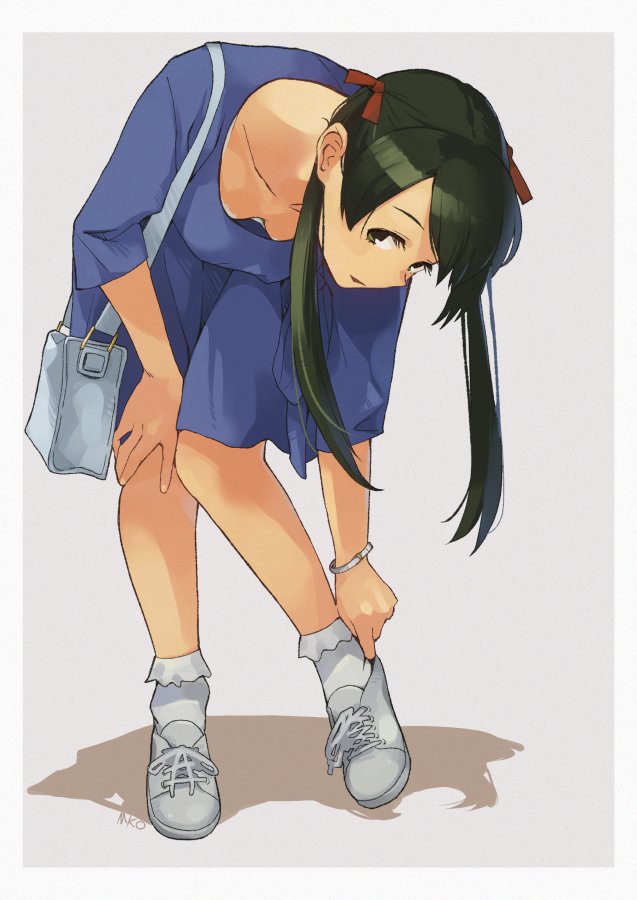 1girl adjusting_footwear alternate_costume bag bangs banned_artist bent_over black_eyes black_hair blue_dress bracelet breasts dress hair_ribbon jewelry kantai_collection long_hair makio_(makiomeigenbot) medium_breasts mikuma_(kantai_collection) open_mouth ribbon shadow shoes shoulder_bag signature simple_background socks solo twintails two-tone_background white_footwear white_legwear