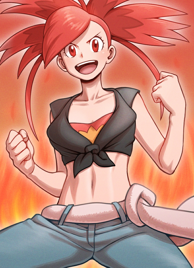 1girl :d bangs black_shirt blue_pants blush breasts clenched_hands collarbone commentary cowboy_shot flannery_(pokemon) gym_leader long_hair looking_at_viewer medium_breasts midriff navel nutkingcall open_mouth outline pants pokemon pokemon_(game) pokemon_oras ponytail red_background red_eyes red_hair shirt sleeveless sleeveless_shirt smile solo standing strapless swept_bangs tied_shirt towel tubetop upper_teeth w_arms