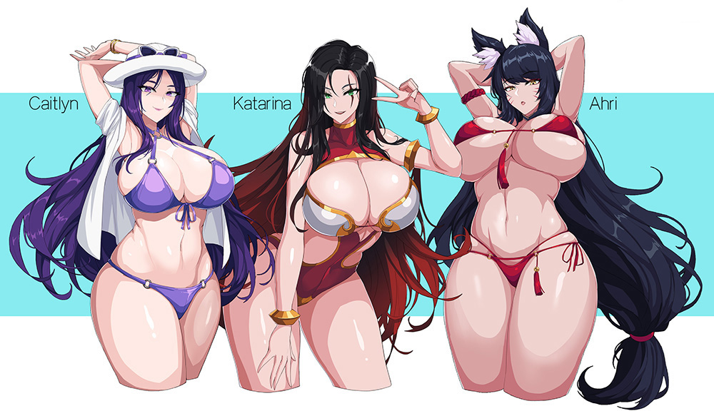 3girls ahri animal_ear_fluff animal_ears arm_strap arms_behind_head bangs bikini black_hair bracelet breasts caitlyn_(league_of_legends) character_name cleavage covered_navel cropped_legs drogod eyewear_on_headwear fox_ears gradient_hair hat huge_breasts jewelry katarina_du_couteau large_breasts league_of_legends leaning_forward long_hair looking_down low-tied_long_hair micro_bikini midriff multicolored_hair multiple_girls navel one-piece_swimsuit purple_bikini purple_eyes purple_hair red_bikini red_hair scar scar_across_eye sunglasses swimsuit underboob v very_long_hair white_headwear yellow_eyes