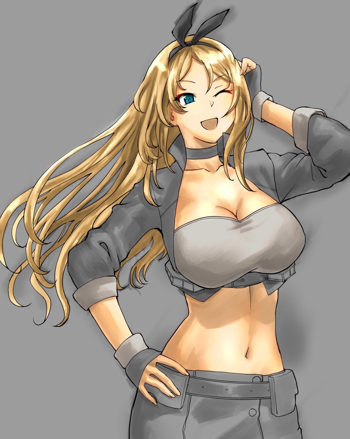 1girl black_hairband blonde_hair blue_eyes breasts choker cleavage commentary_request cowboy_shot cropped_jacket fingerless_gloves gloves grey_background grey_gloves grey_jacket grey_skirt hairband hand_on_hip highres jacket kantai_collection large_breasts long_hair looking_to_the_side midriff mrdotd nelson_(kantai_collection) one_eye_closed race_queen simple_background skirt solo strapless tubetop