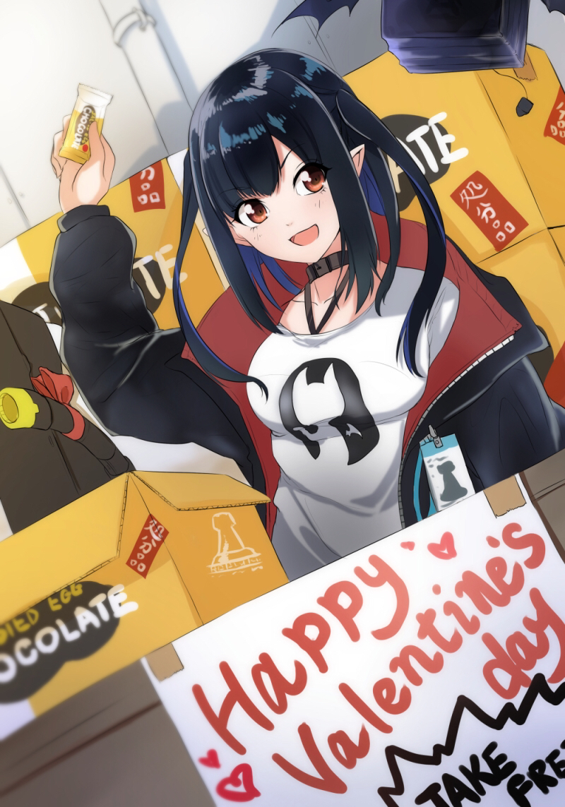1girl amai_nekuta arknights bag bangs black_choker black_hair black_jacket breasts choker closure_(arknights) collarbone commentary_request english_text eyebrows_visible_through_hair food hair_between_eyes holding holding_food jacket lancet-2_(arknights) lanyard long_hair long_sleeves looking_at_viewer open_clothes open_jacket open_mouth pointy_ears red_eyes robot shirt smile stand upper_body white_shirt
