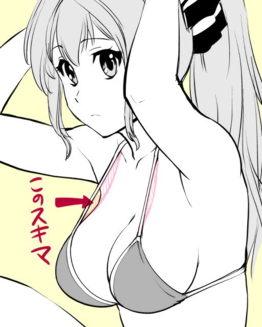 1girl amagi_brilliant_park breasts cleavage closed_mouth long_hair looking_at_viewer monochrome sento_isuzu simple_background solo swimsuit ueyama_michirou