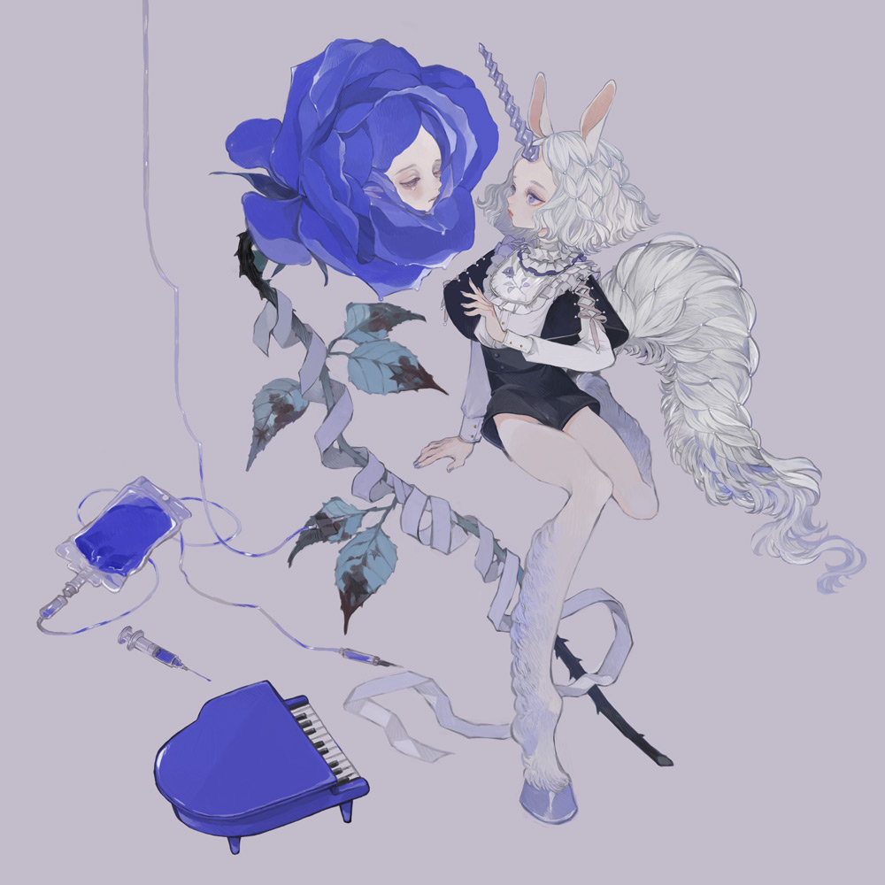 1girl 1other animal_ears black_dress blue_eyes blue_flower blue_rose dress flower grey_background hand_up hoof horns horse_ears horse_legs instrument leaf long_sleeves needle nekosuke_(oxo) original piano profile rose short_hair single_horn syringe thorns white_hair