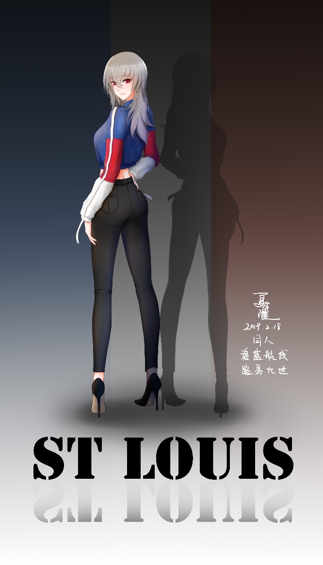 1girl 2019 alternate_costume artist_request ass azur_lane black_footwear black_pants blue_sweater character_name french_flag full_body grey_hair hair_between_eyes high_heels long_hair looking_at_viewer looking_back midriff pants red_eyes resizing_artifacts saint-louis_(azur_lane) shoes skin_tight solo stiletto_heels sweater