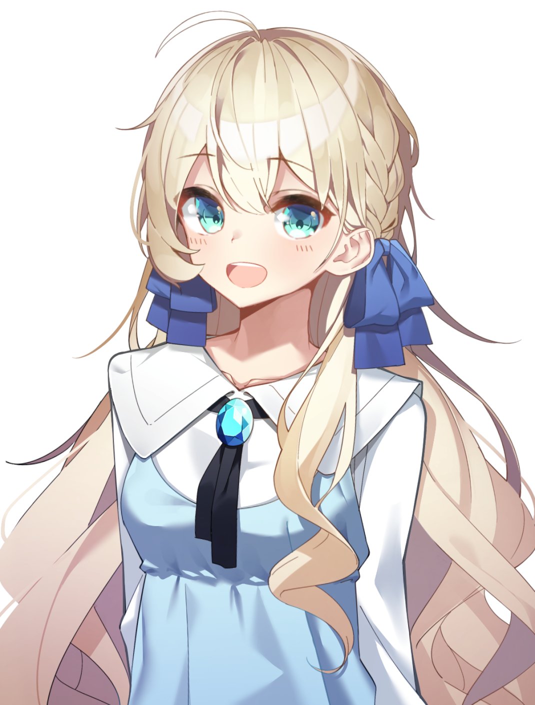 1girl :d ahoge bangs black_ribbon blue_bow blue_dress blush bow braid breasts brooch clip_studio_paint_(medium) collarbone collared_shirt dress eyebrows_visible_through_hair green_eyes hair_between_eyes hair_bow highres jewelry light_brown_hair long_hair looking_at_viewer neck_ribbon open_mouth original ribbon se.a shirt simple_background sleeveless sleeveless_dress small_breasts smile solo upper_body upper_teeth very_long_hair white_background white_shirt