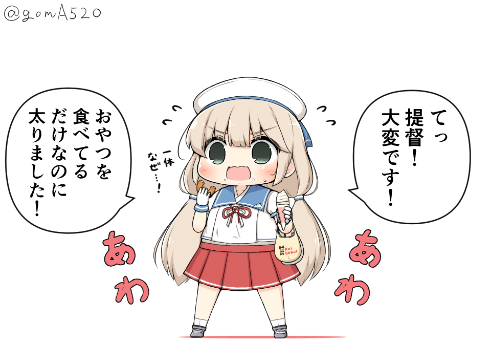 1girl bag blue_sailor_collar chibi commentary_request doughnut food full_body gloves goma_(yoku_yatta_hou_jane) green_eyes grey_hair hat kantai_collection long_hair low_twintails mikura_(kantai_collection) mister_donut open_mouth plastic_bag pleated_skirt puffy_short_sleeves puffy_sleeves red_skirt sailor_collar sailor_hat sailor_shirt shirt short_sleeves simple_background skirt socks solo standing translation_request twintails twitter_username wavy_mouth white_background white_gloves white_legwear white_shirt